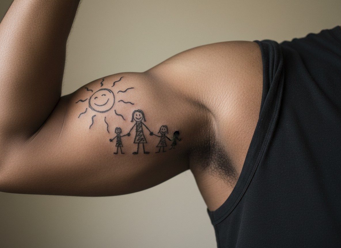 Kids name tattoo ideas: child's drawing on the upper arm
