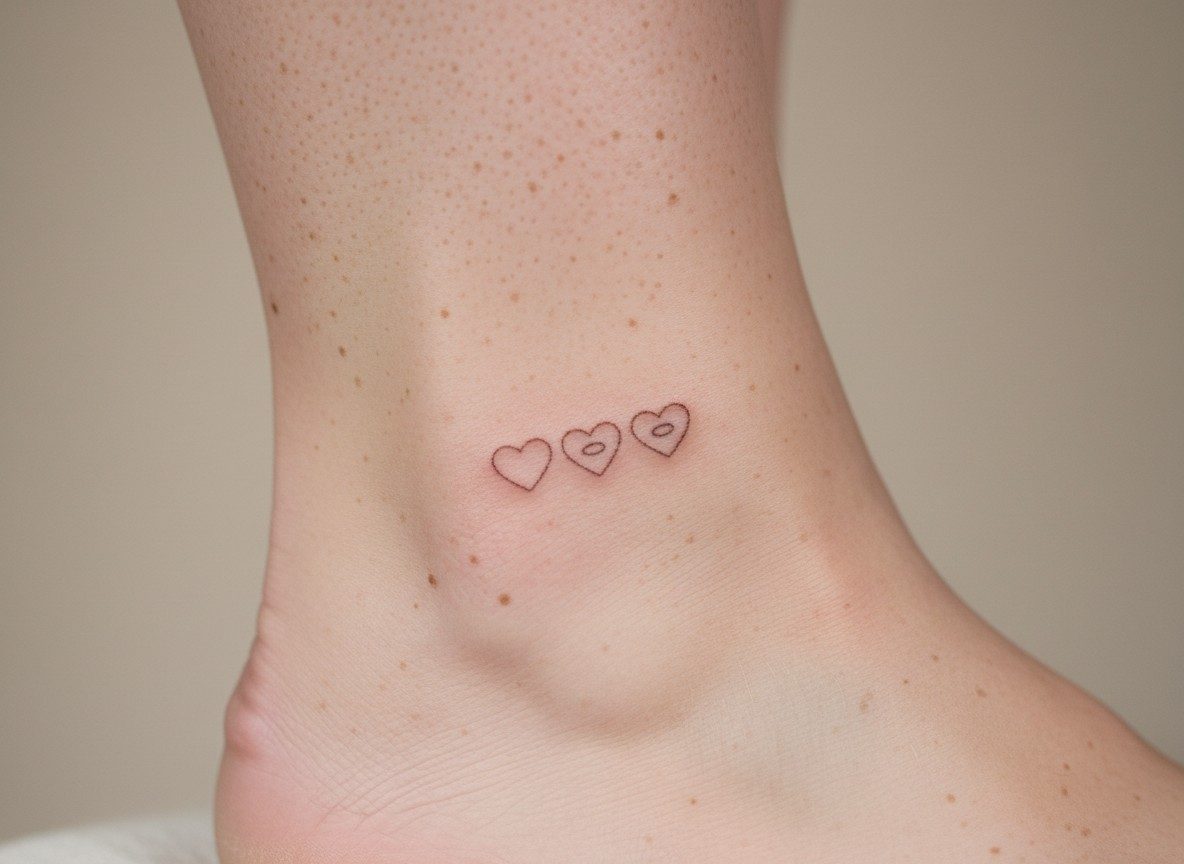 Kids name tattoo ideas: initials in hearts on the ankle
