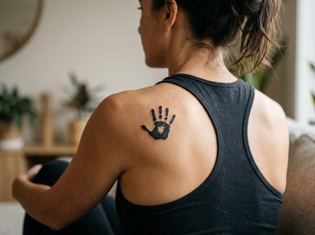 Kids name tattoo ideas: handprint on the shoulder blade