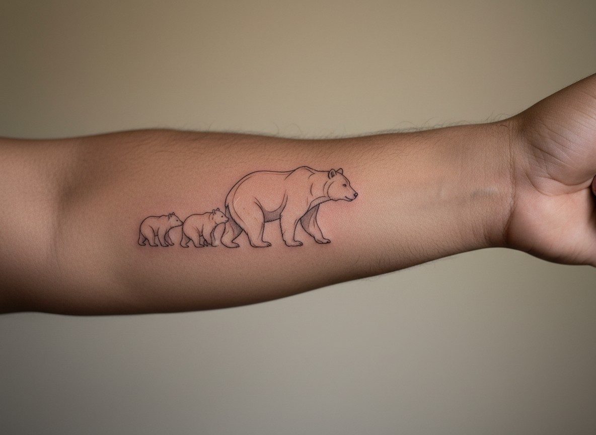 Kids name tattoo ideas: mama bear and cubs on the forearm