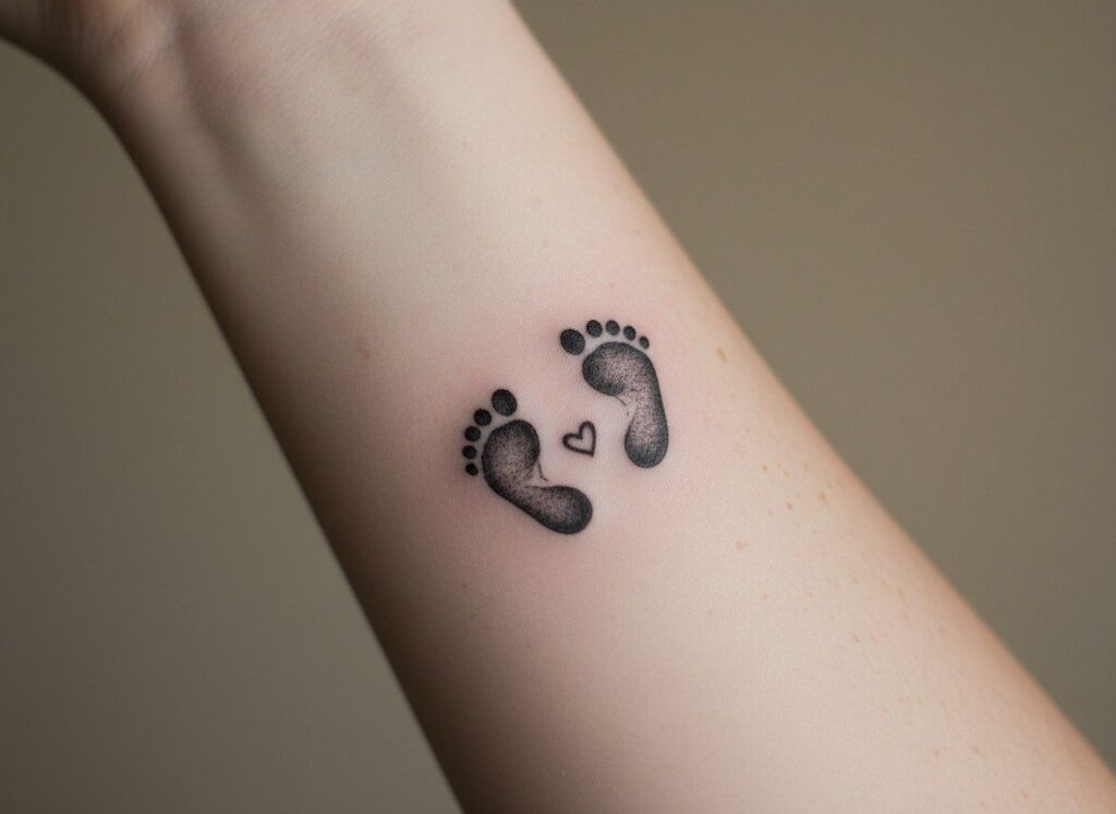 Kids name tattoo ideas: baby footprints on the inner forearm