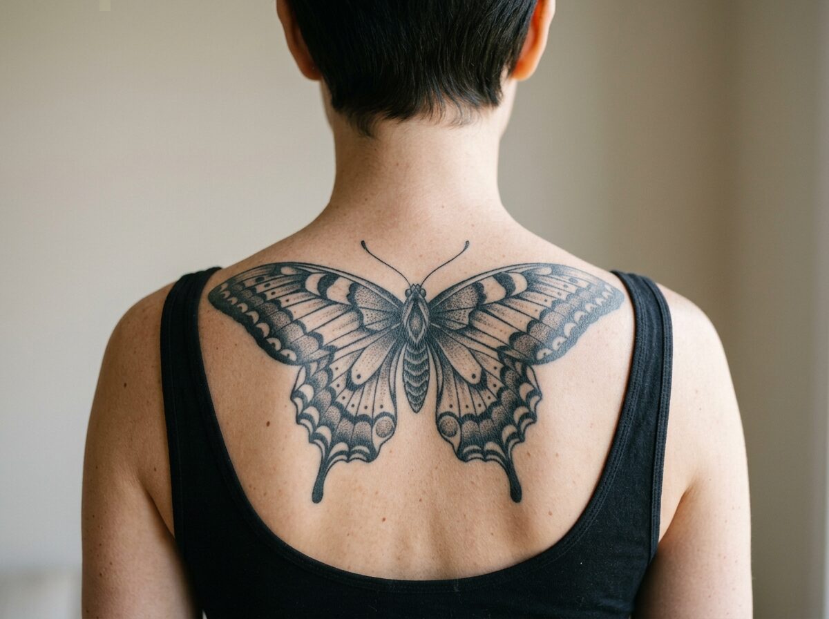 Large butterfly tattoo across the back of the neck and shoulders