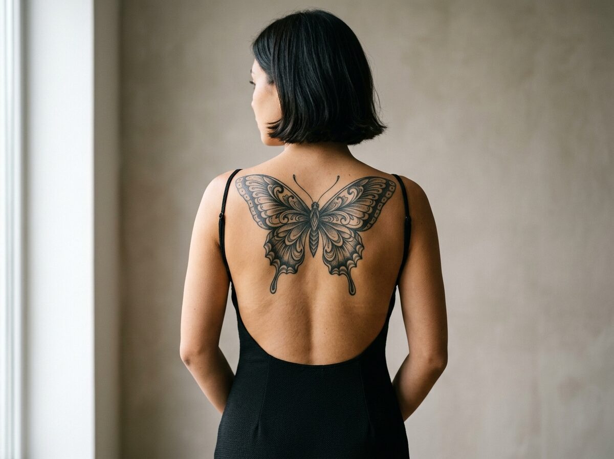 Large butterfly tattoo across the upper back