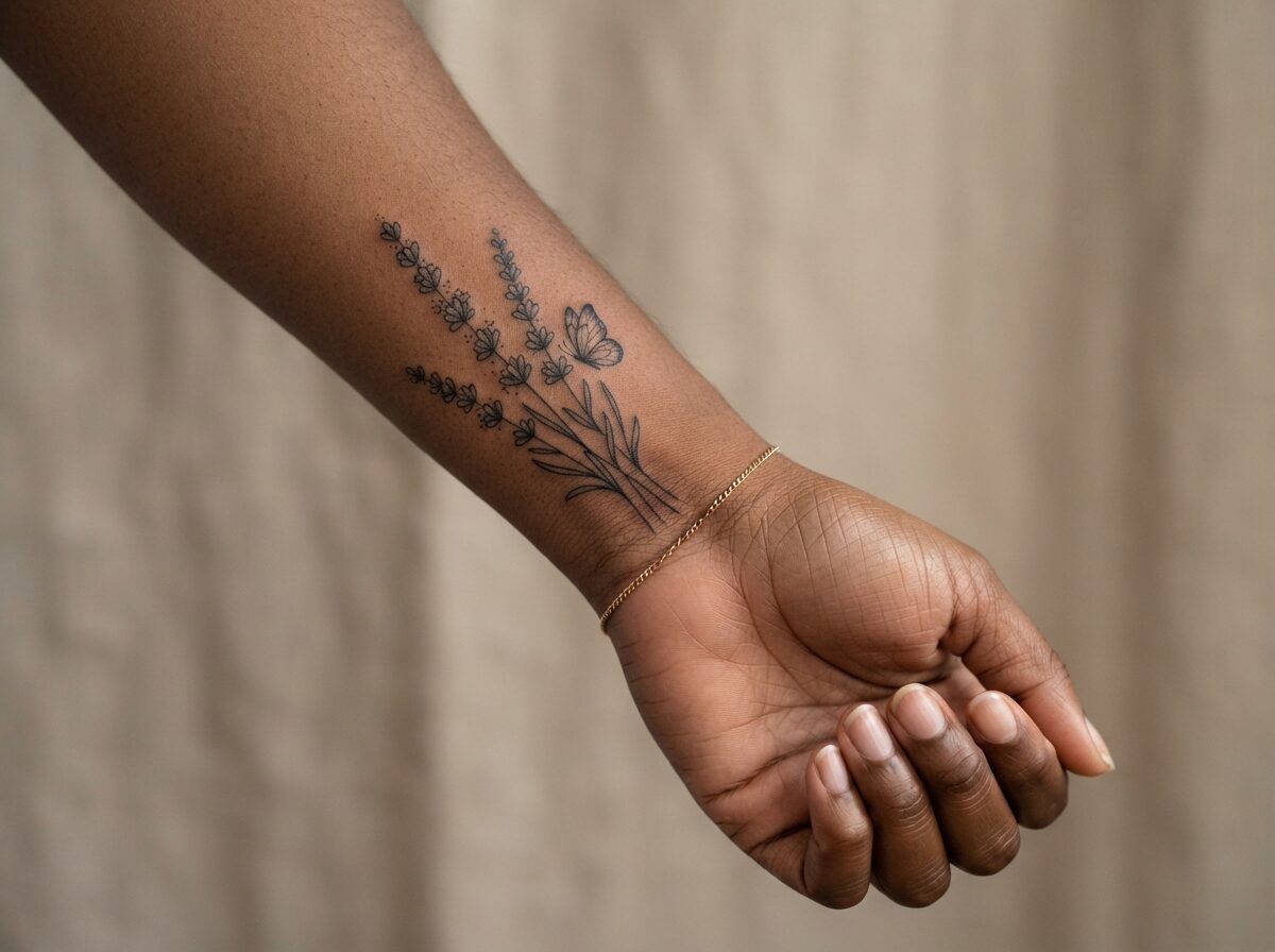 Fine line lavender sprigs with a small butterfly on the inner wrist