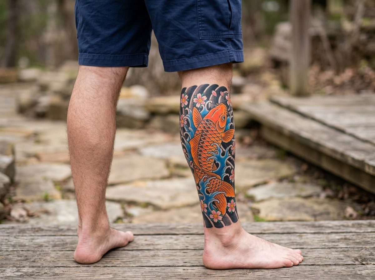 Leg sleeve tattoo: japanese koi leg sleeve on the lower leg