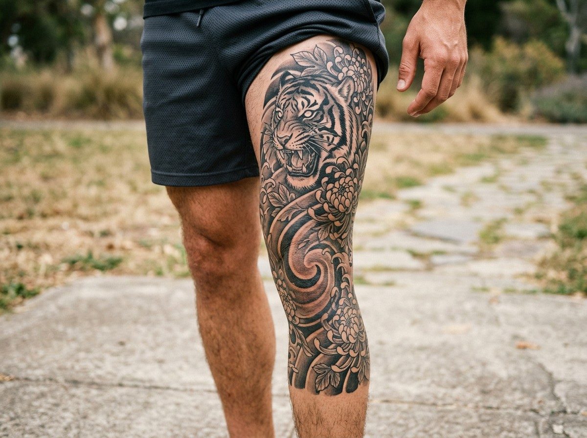 Leg sleeve tattoo: upper thigh leg sleeve on the thigh and knee