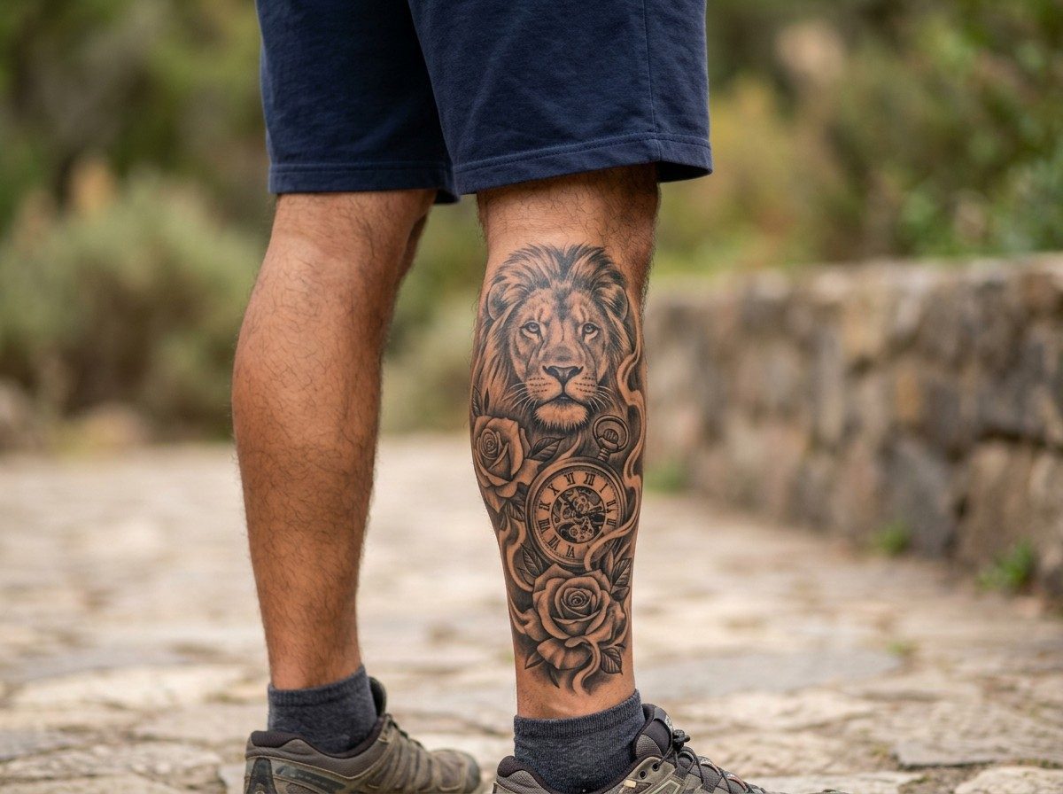 Leg sleeve tattoo: black and grey realism sleeve on the calf and shin
