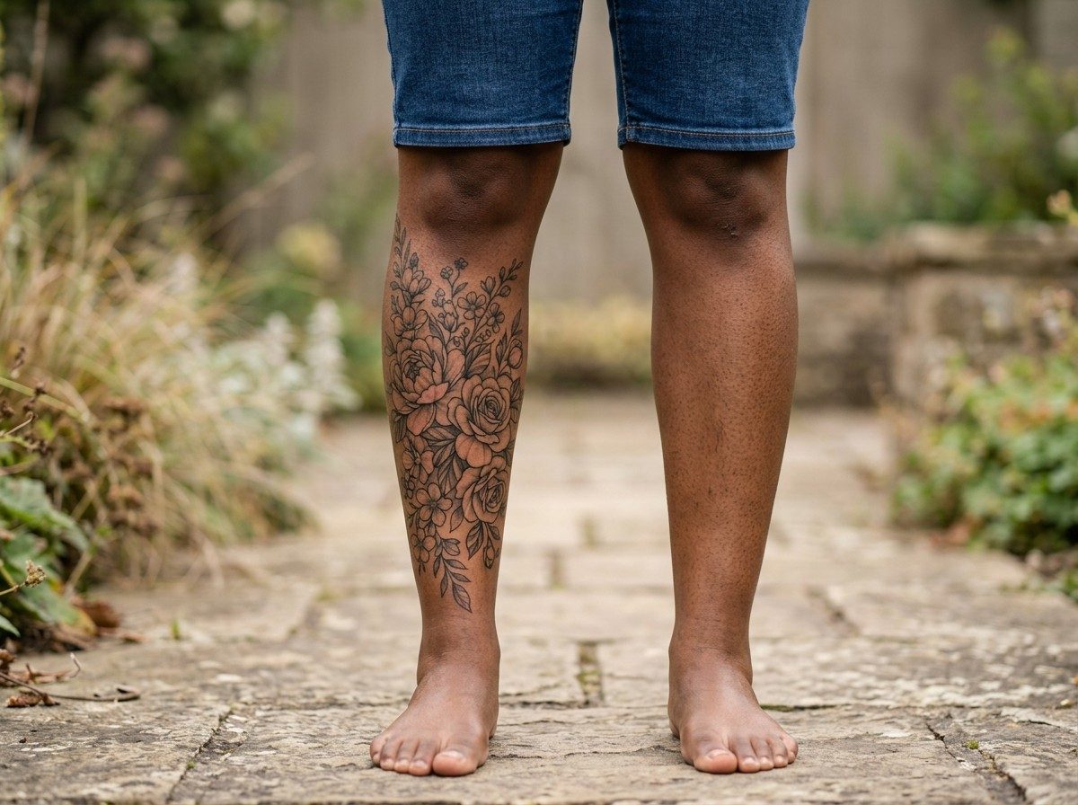 Leg sleeve tattoo: floral leg sleeve for women on the lower leg