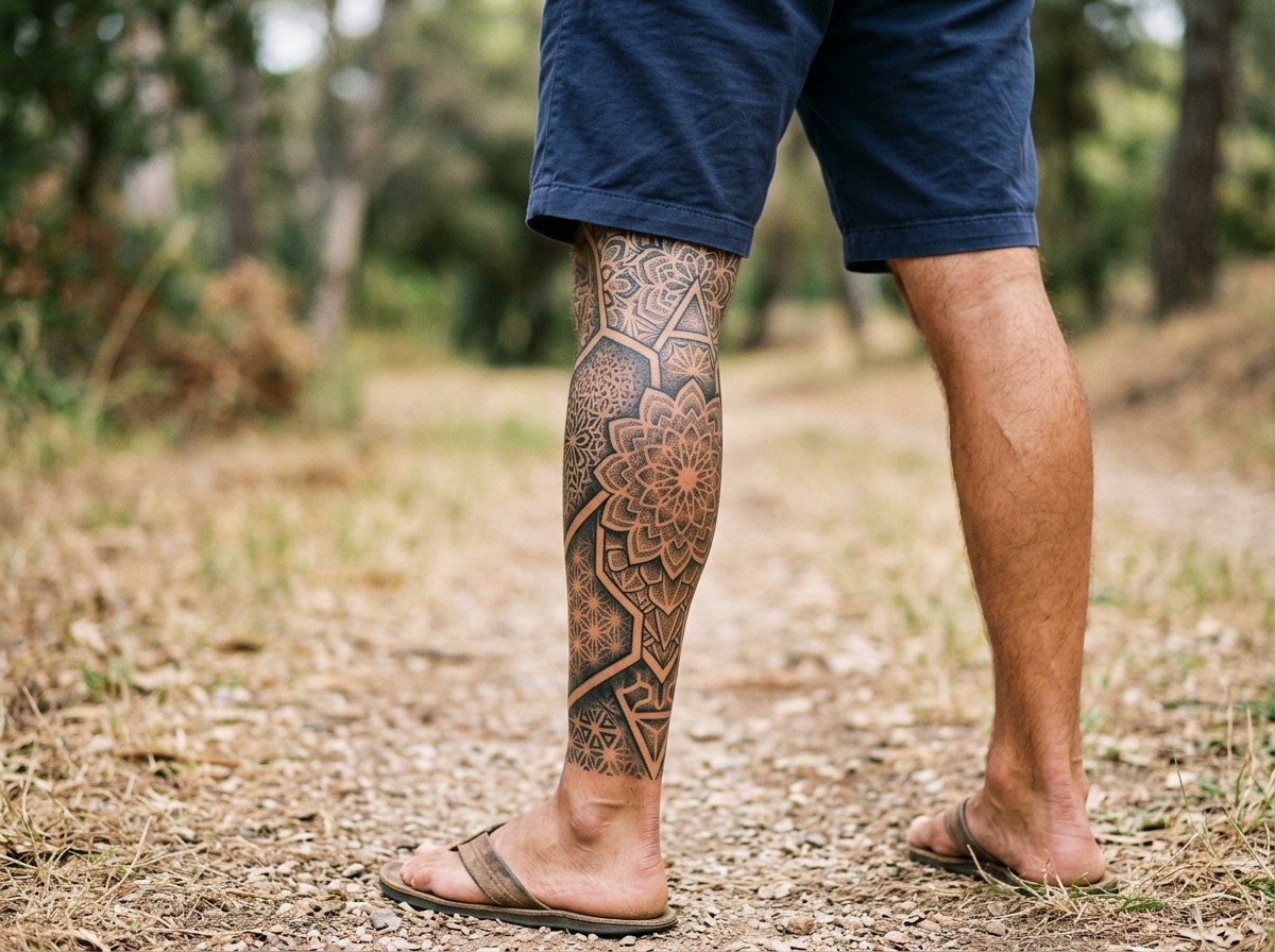 Leg sleeve tattoo: geometric and mandala sleeve on the lower leg