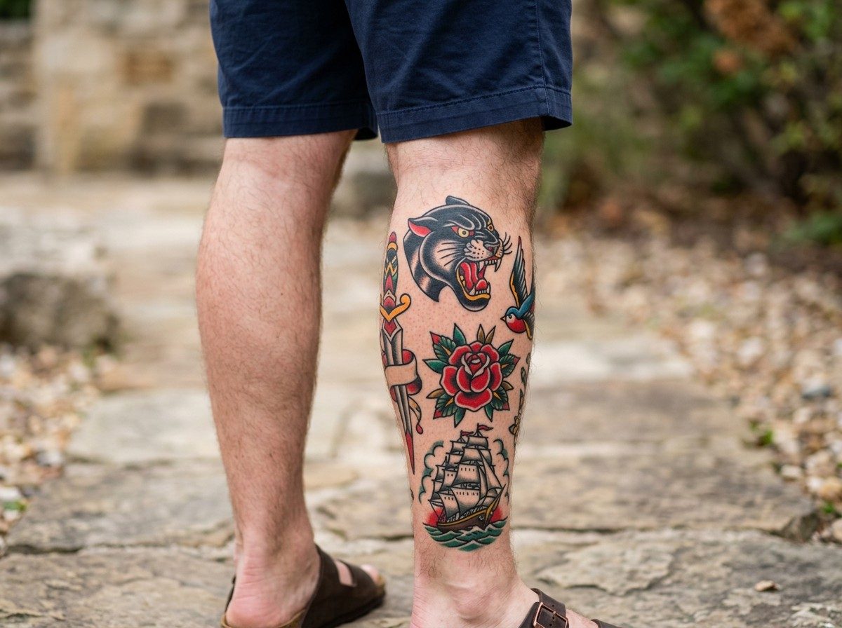 Leg sleeve tattoo: american traditional patchwork leg on the lower leg