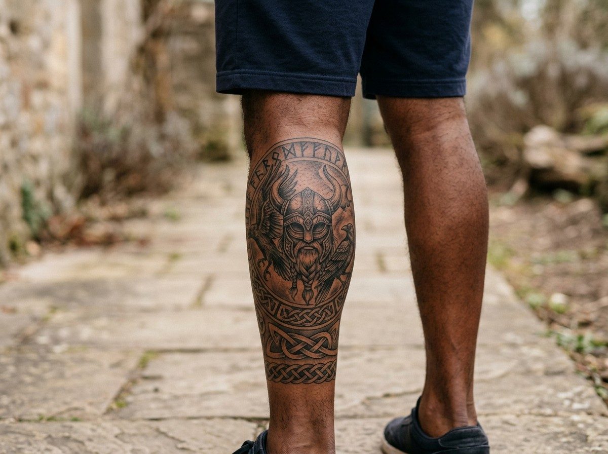 Leg sleeve tattoo: norse viking leg sleeve on the calf and shin