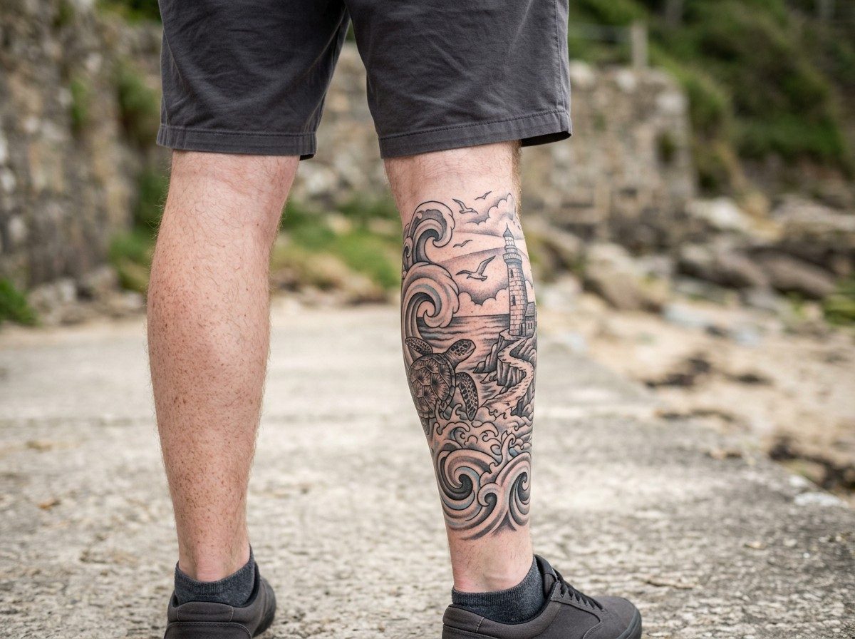 Leg sleeve tattoo: ocean and wave leg sleeve on the lower leg