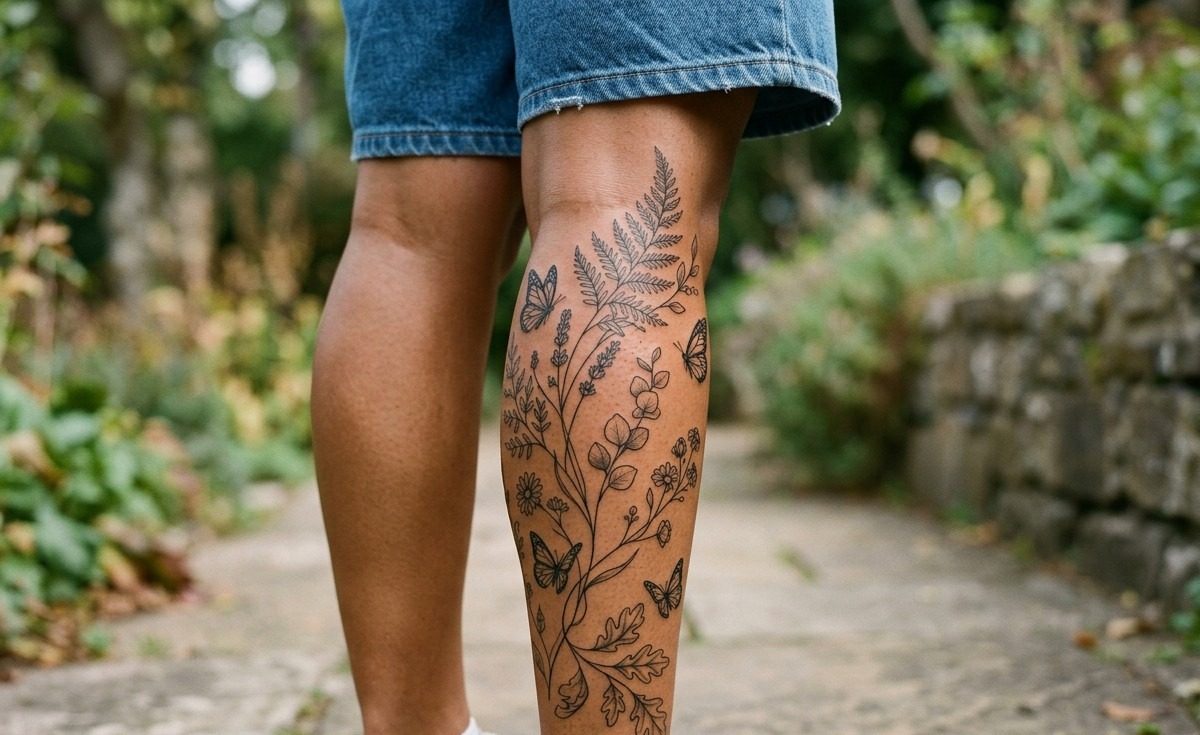 Leg sleeve tattoo: fine line botanical half sleeve on the calf