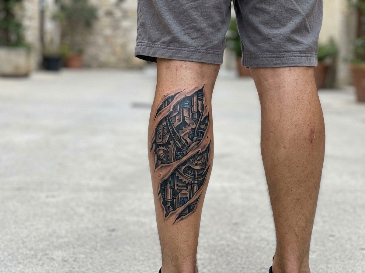 Leg sleeve tattoo: biomechanical leg sleeve on the lower leg