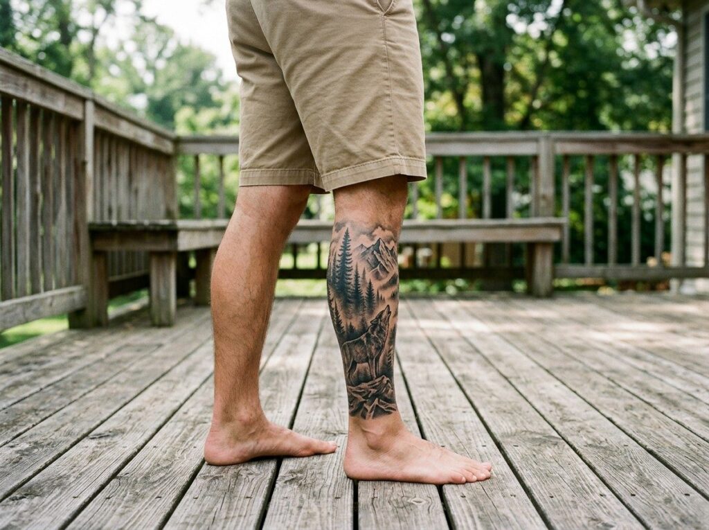 Leg sleeve tattoo: black and grey forest and wolf leg sleeve on a man