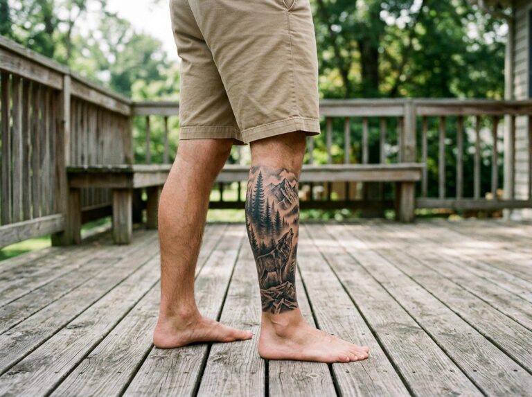 Leg sleeve tattoo: black and grey forest and wolf leg sleeve on a man