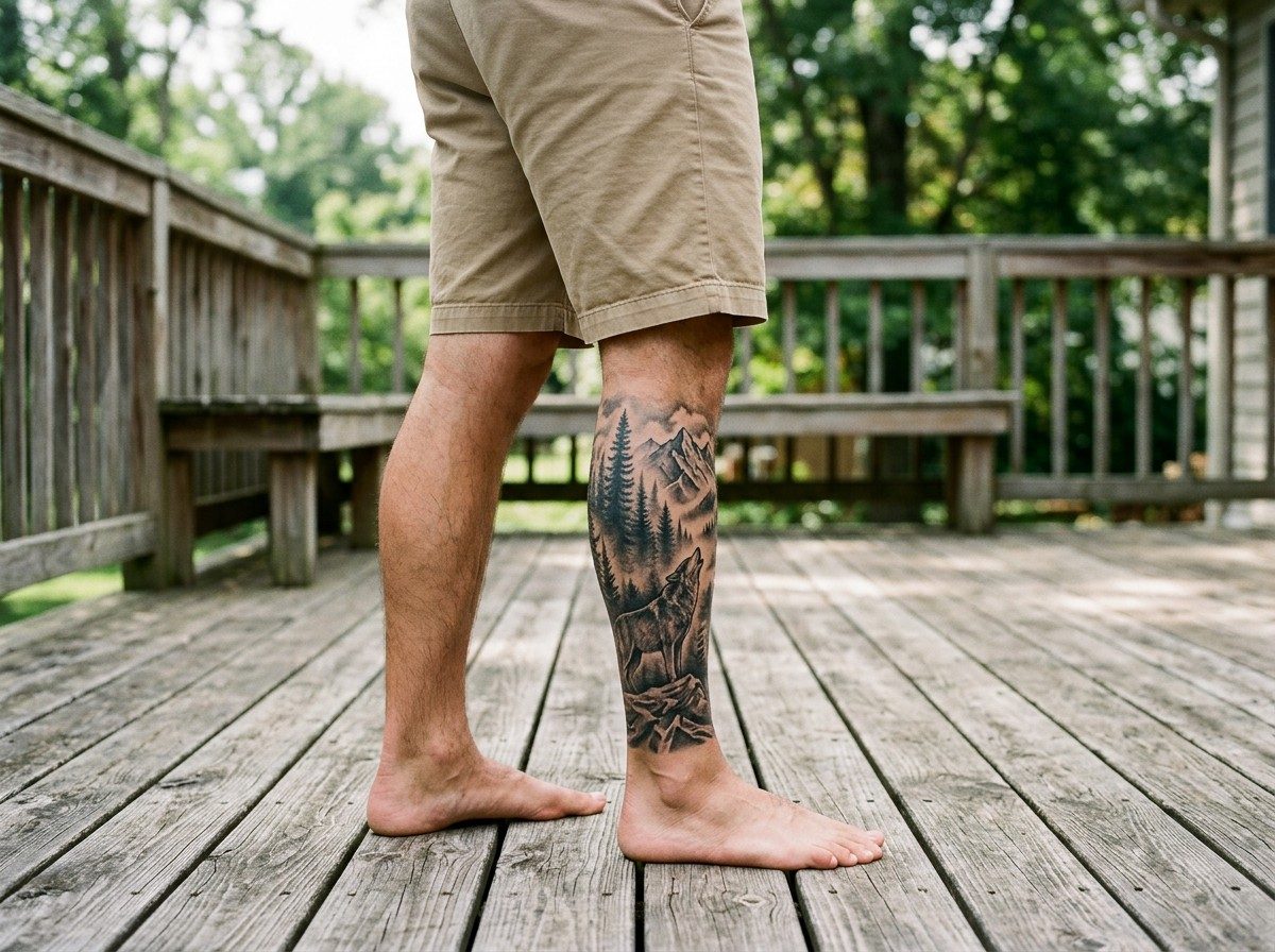 Leg sleeve tattoo: black and grey forest and wolf leg sleeve on a man