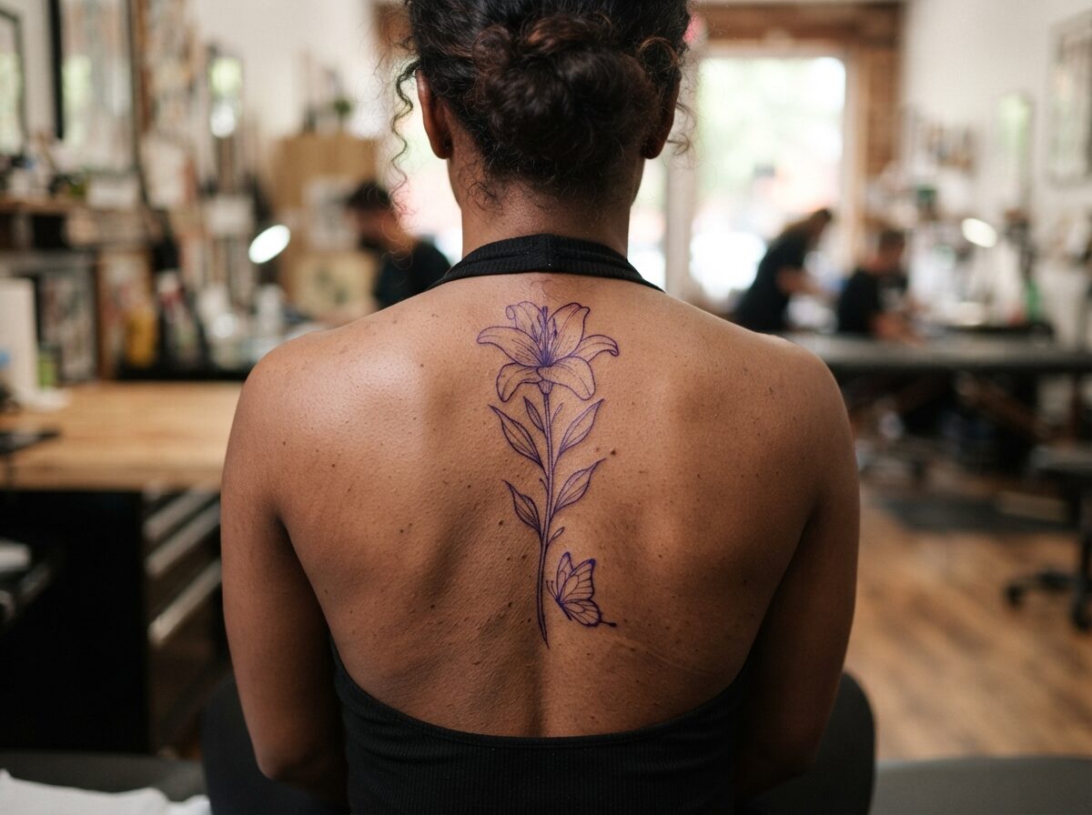 A lily with a tall stem and a butterfly stencil on the spine