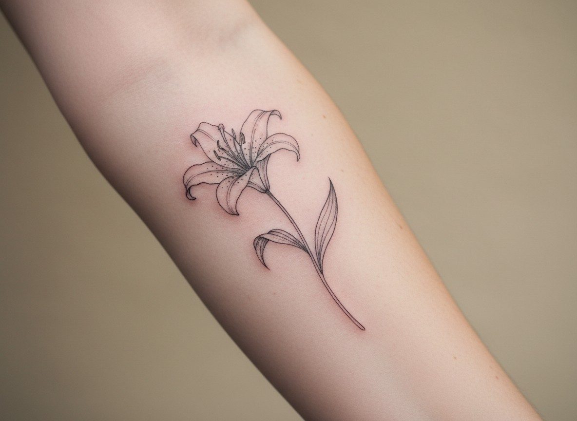 Lily flower tattoo: fine line lily on the inner forearm