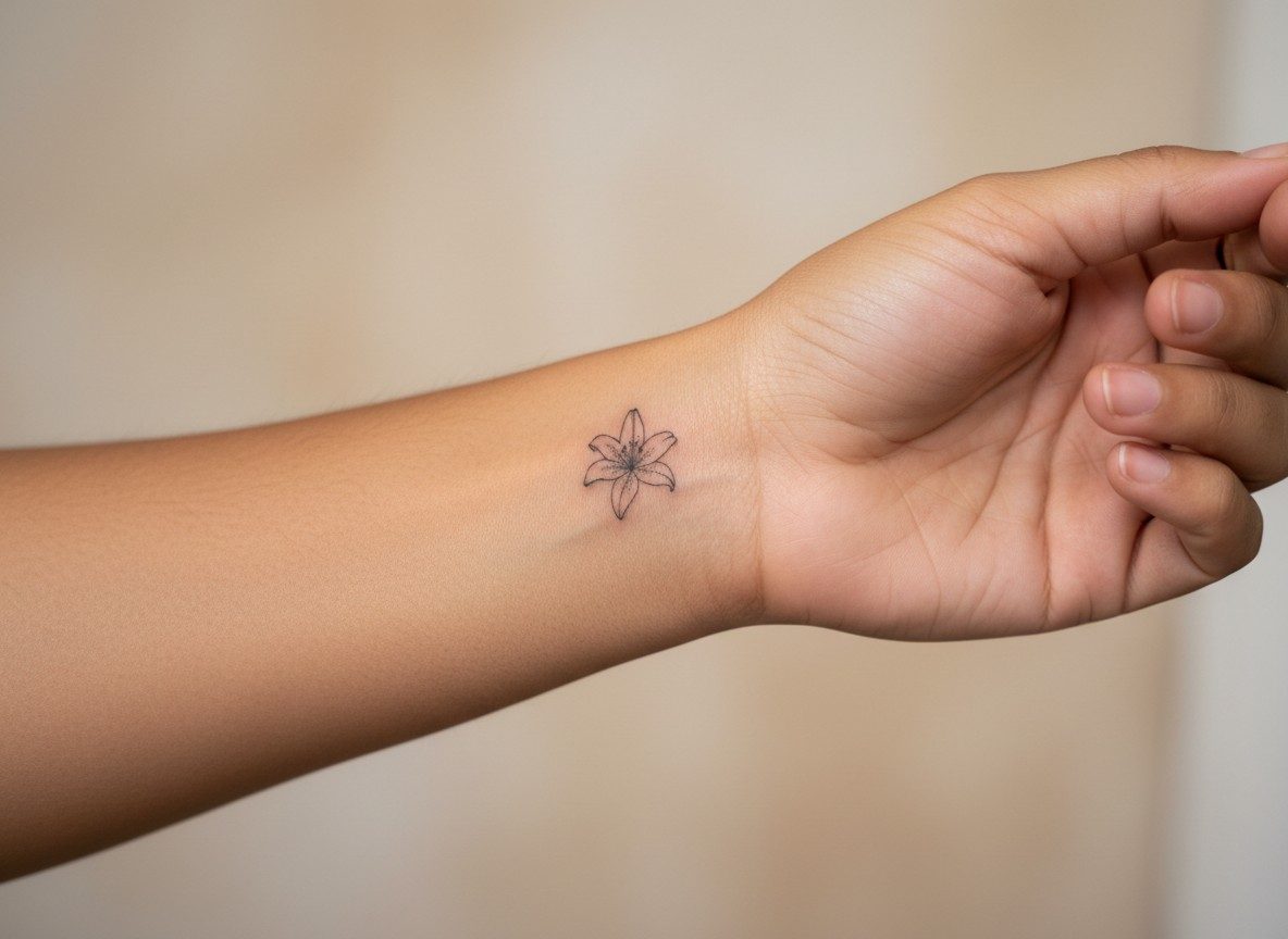 Lily flower tattoo: tiny lily on the inner wrist