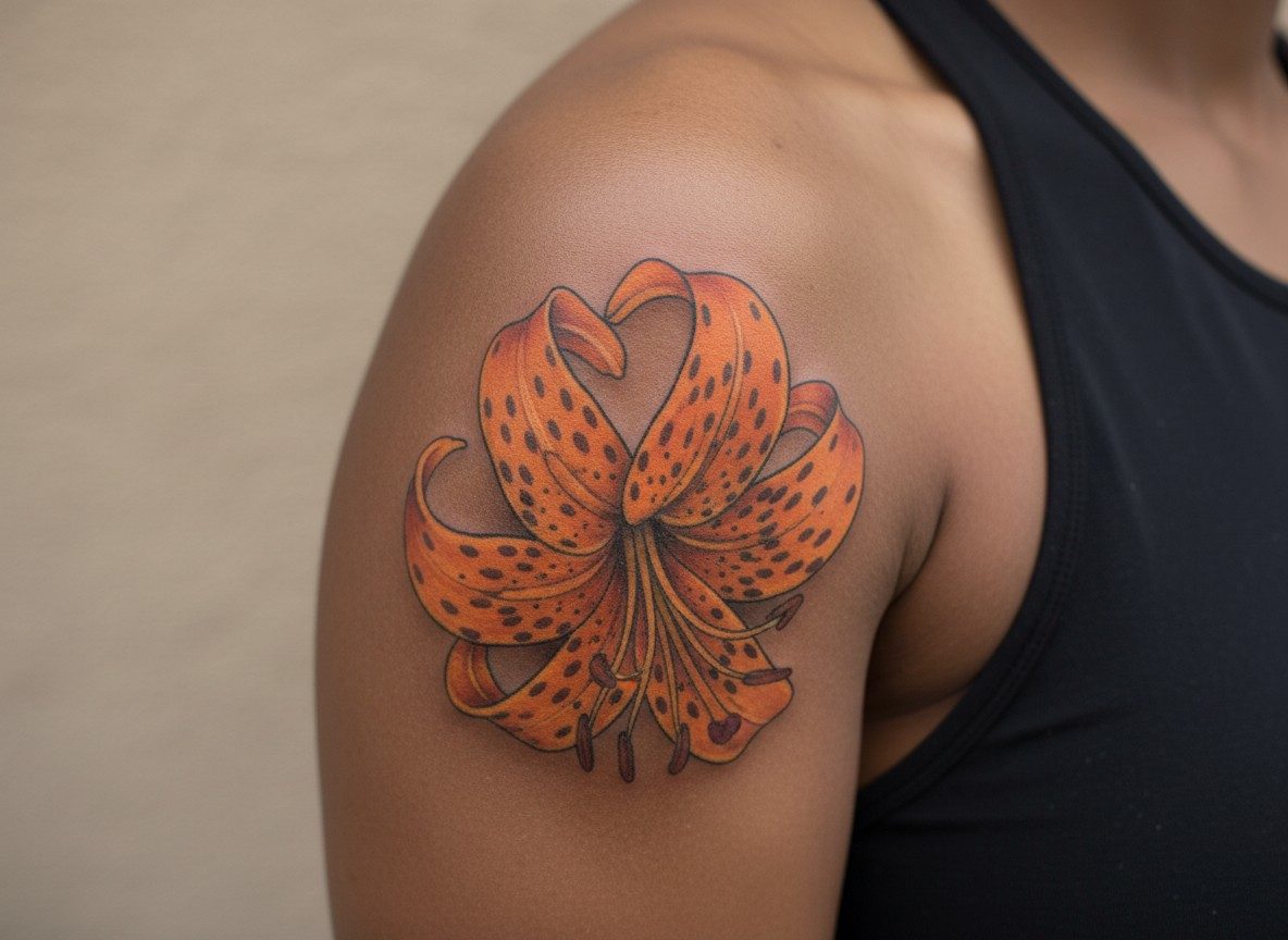 Lily flower tattoo: tiger lily on the upper arm