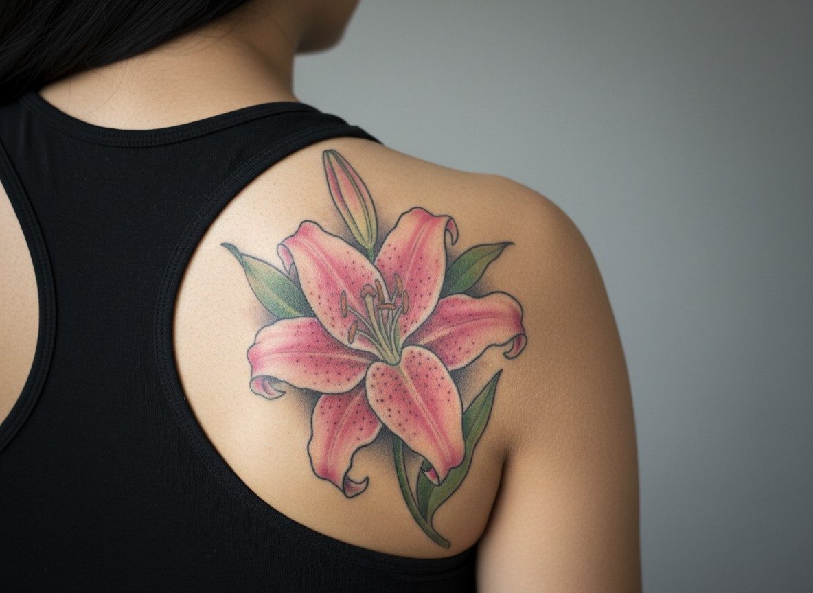Lily flower tattoo: stargazer lily on the shoulder blade