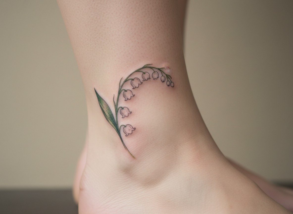 Lily flower tattoo: lily of the valley on the ankle