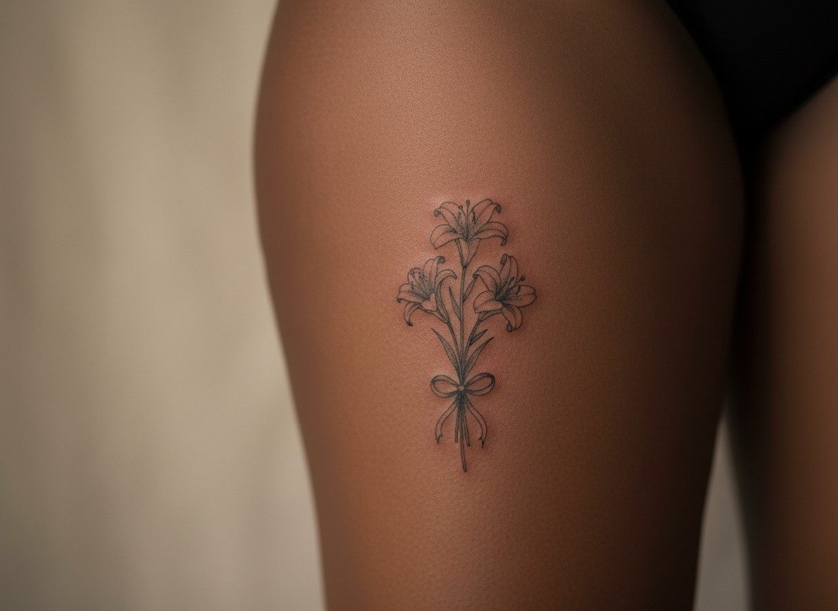 Lily flower tattoo: lily bouquet on the outer thigh