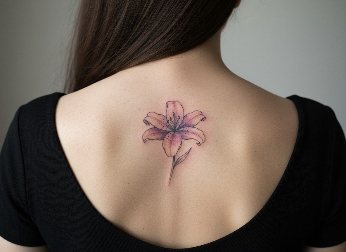Lily flower tattoo: watercolor lily on the upper back