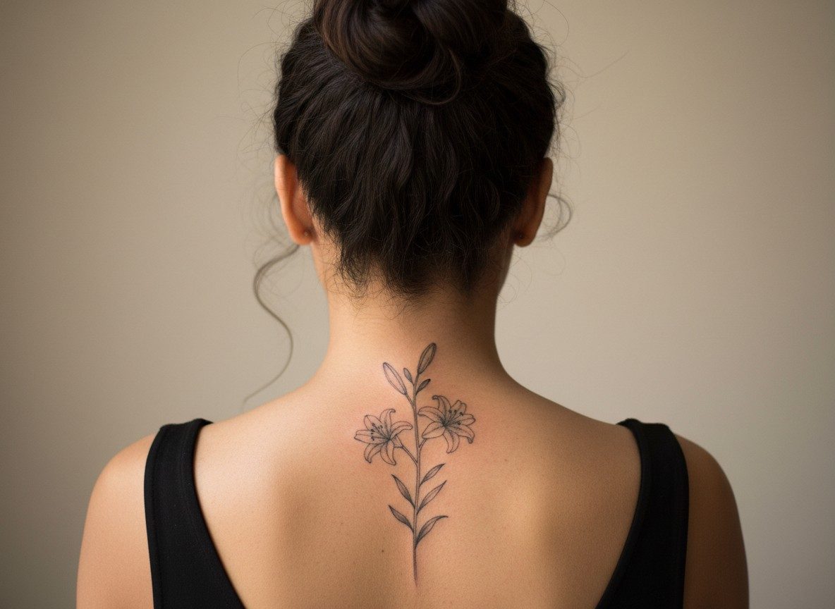 Lily flower tattoo: lily spine tattoo on the upper spine