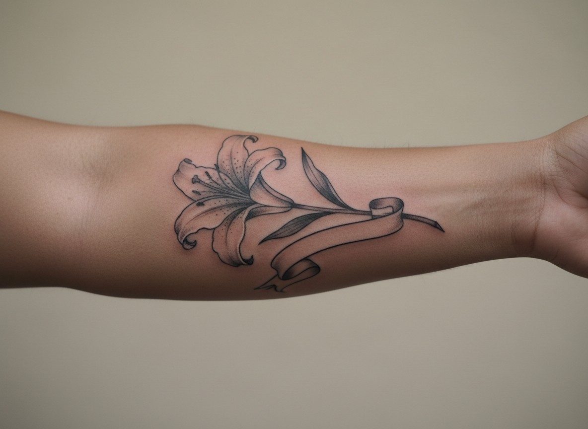 Lily flower tattoo: memorial white lily on the forearm