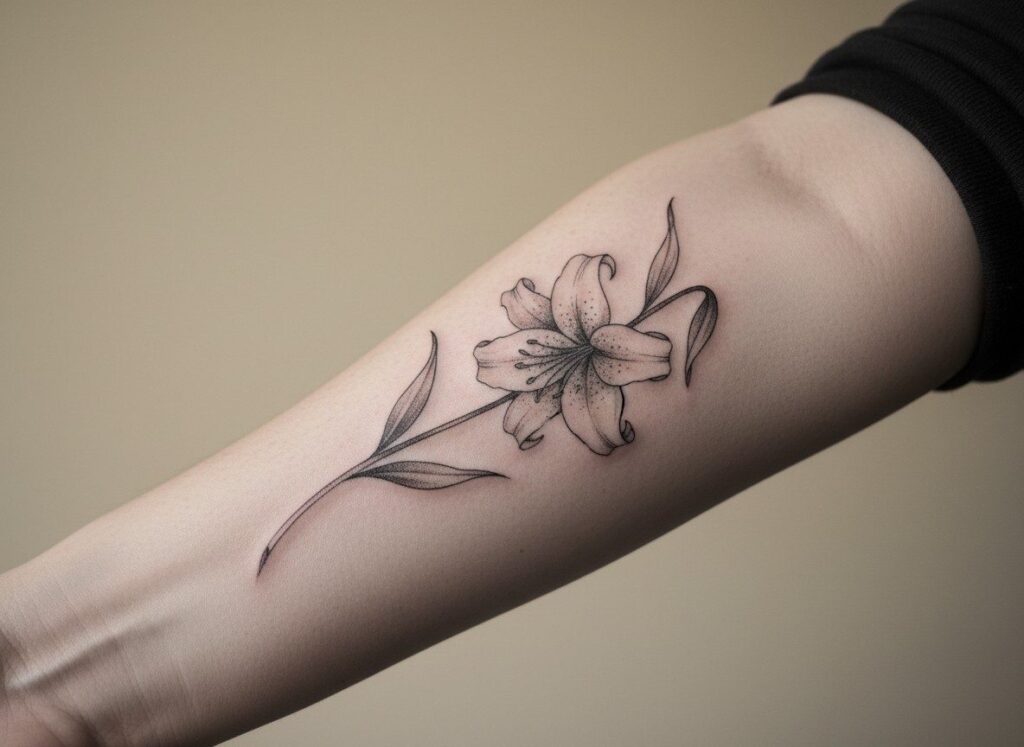 Lily flower tattoo: fine line lily on the inner forearm
