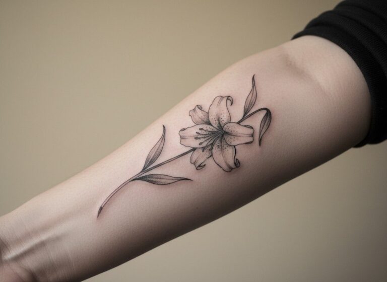 Lily flower tattoo: fine line lily on the inner forearm
