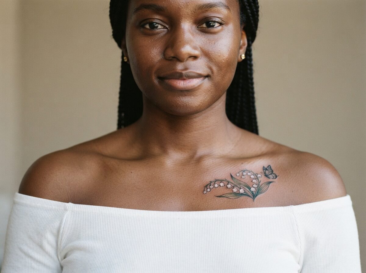 A row of lily of the valley bell flowers with a small butterfly on the collarbone