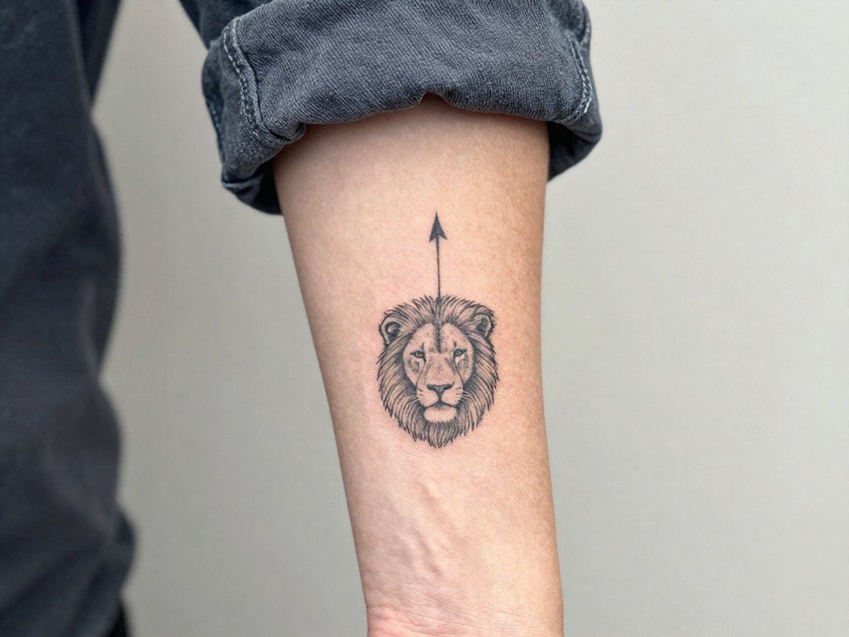 Tattoo symbols and meanings: small lion head and a single arrow tattoo on the outer forearm