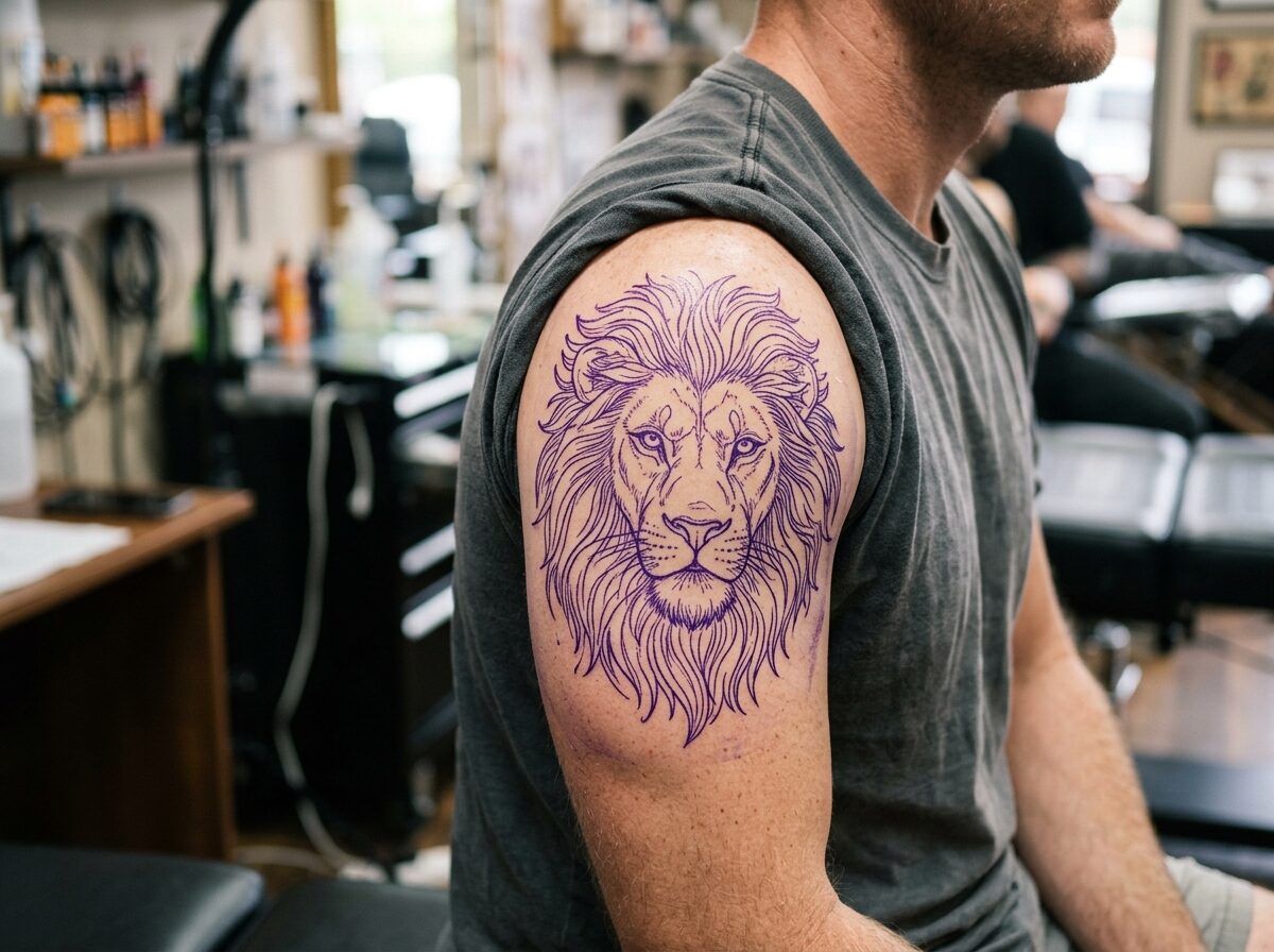 Stencil tattoos for men: lion head stencil on the upper arm