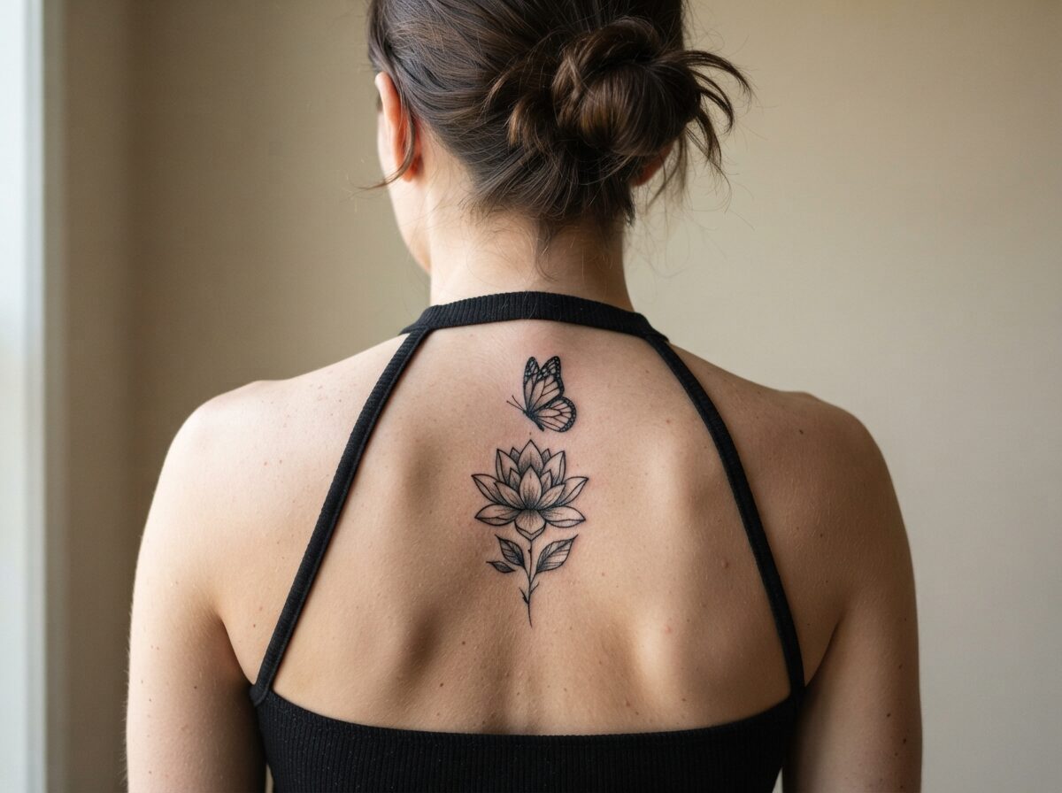 A lotus flower with a butterfly above it on the spine