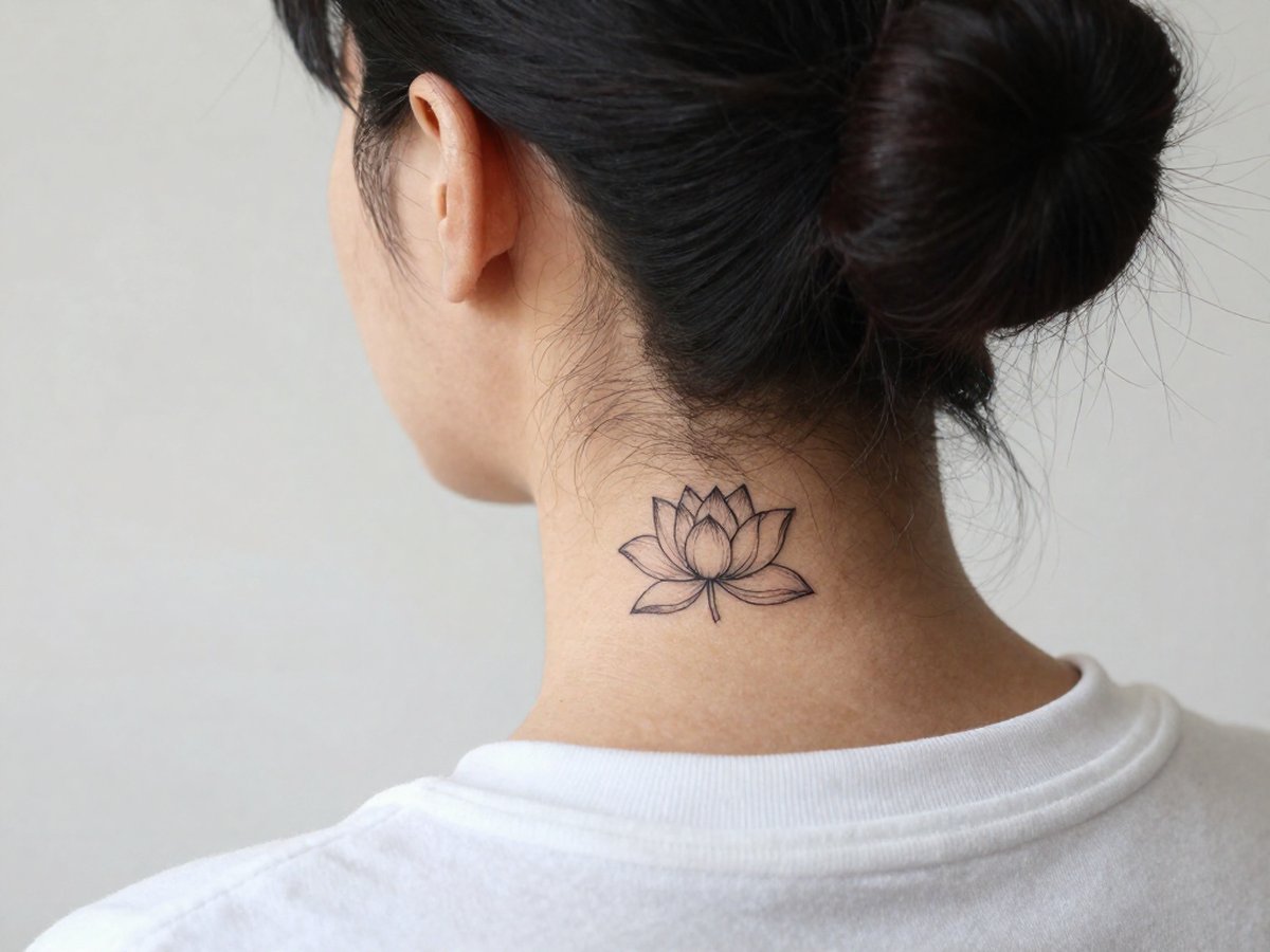 Meaningful tattoos for women: fine line lotus flower tattoo on the back of the neck