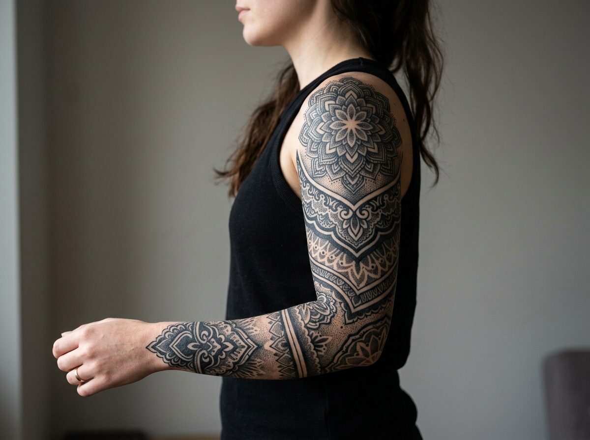 Mandala and ornamental blackwork sleeve tattoo for women
