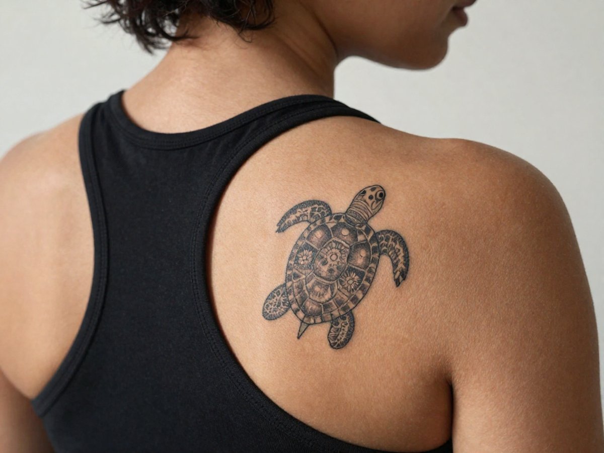 Turtle with a mandala patterned shell tattoo on the back of the shoulder
