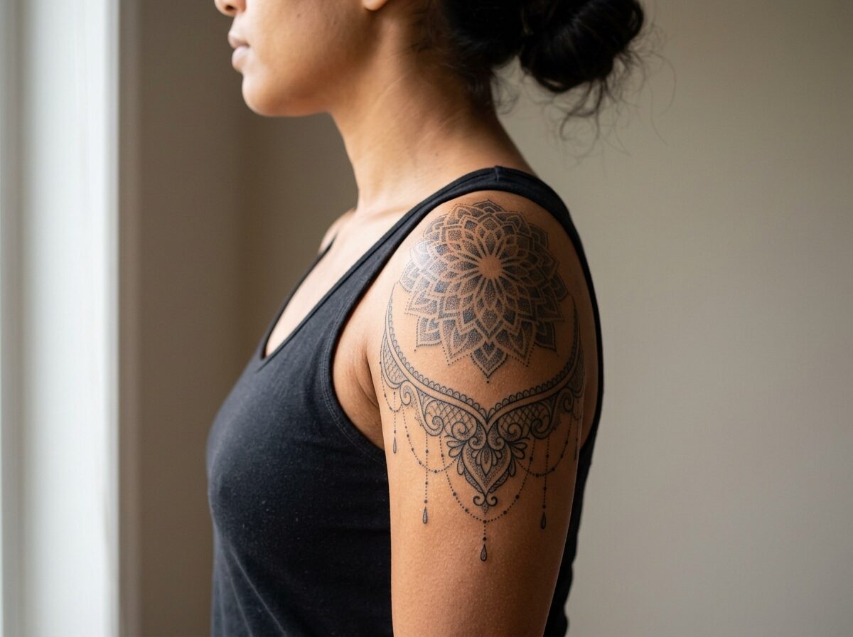 Mandala shoulder tattoo for women with lace details