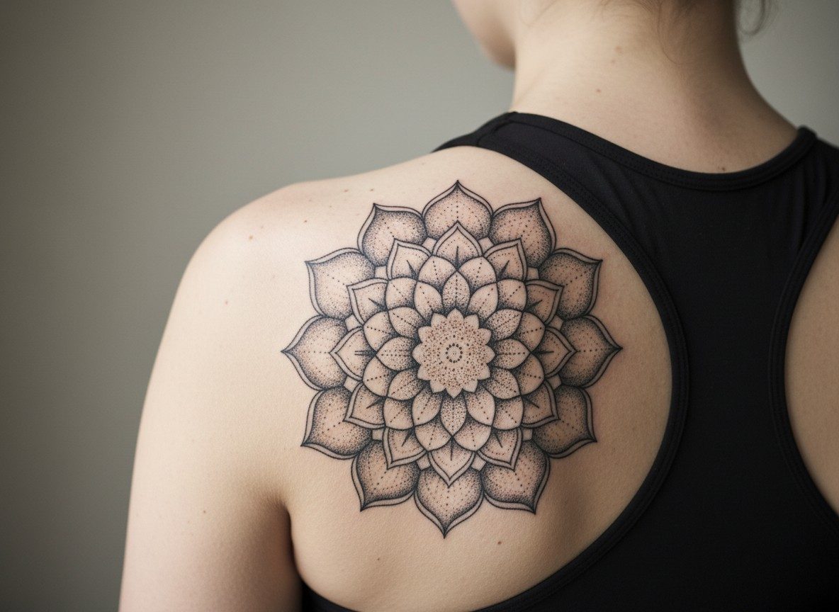 Mandala tattoo: classic dotwork mandala on the shoulder blade