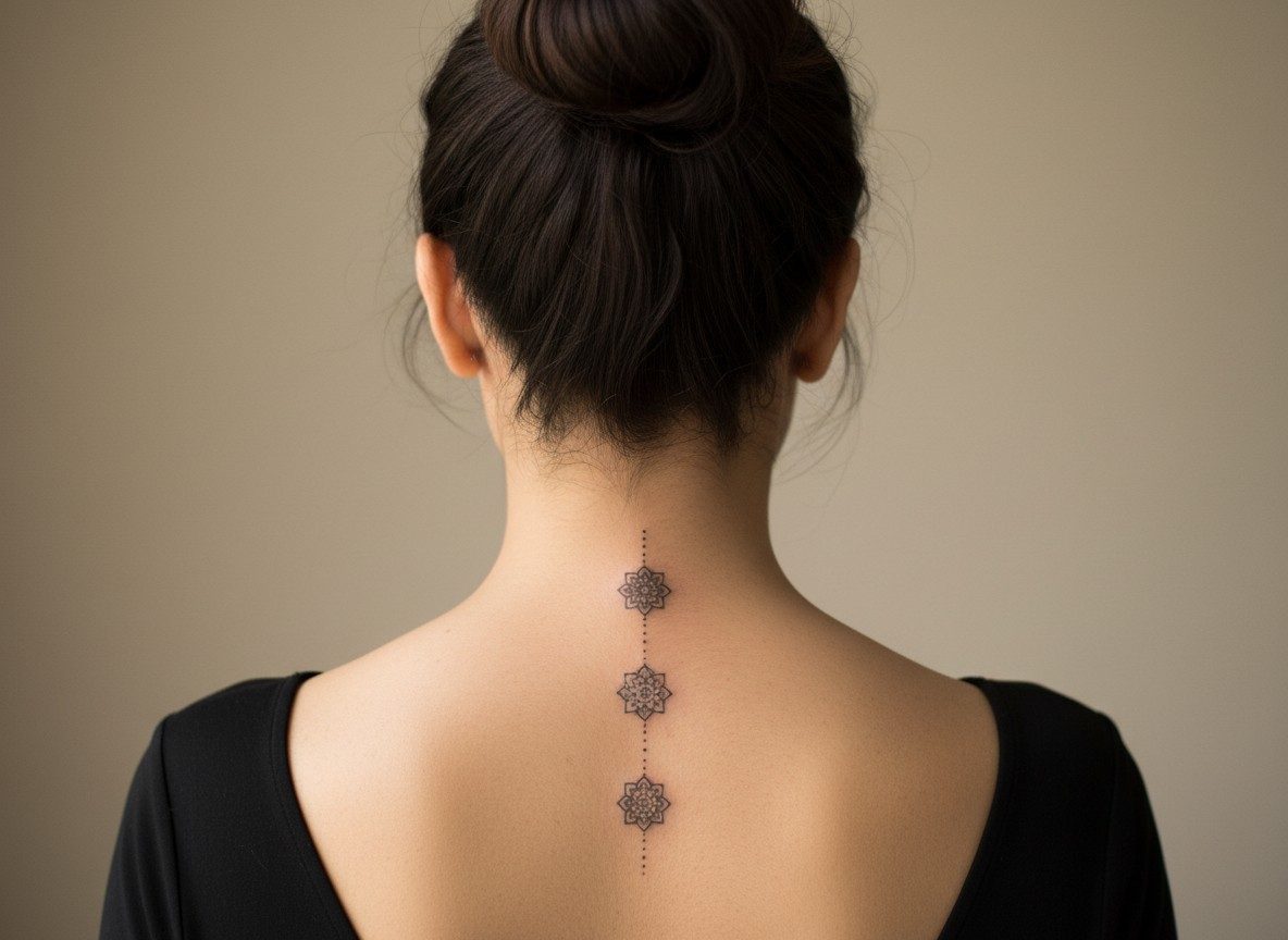 Mandala tattoo: mandala spine piece on the upper spine