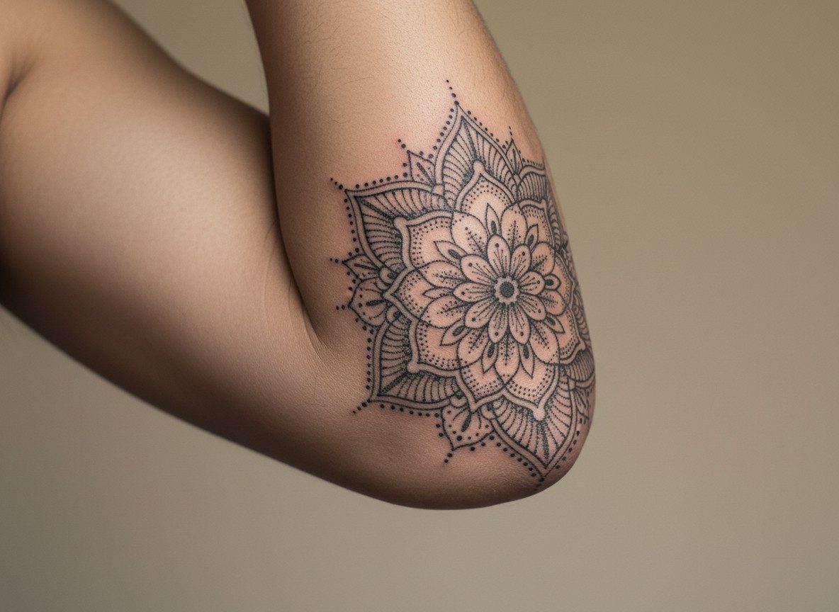 Mandala tattoo: half mandala on the elbow on the elbow