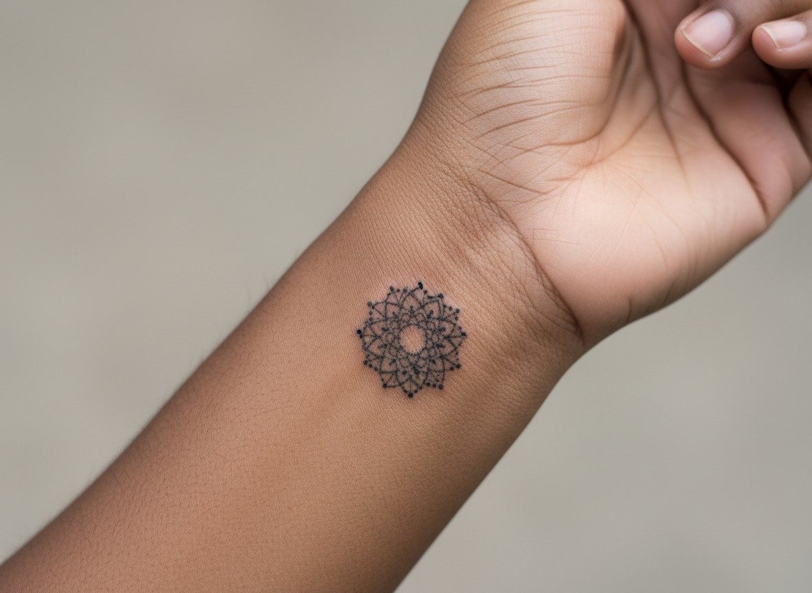 Mandala tattoo: tiny wrist mandala on the inner wrist
