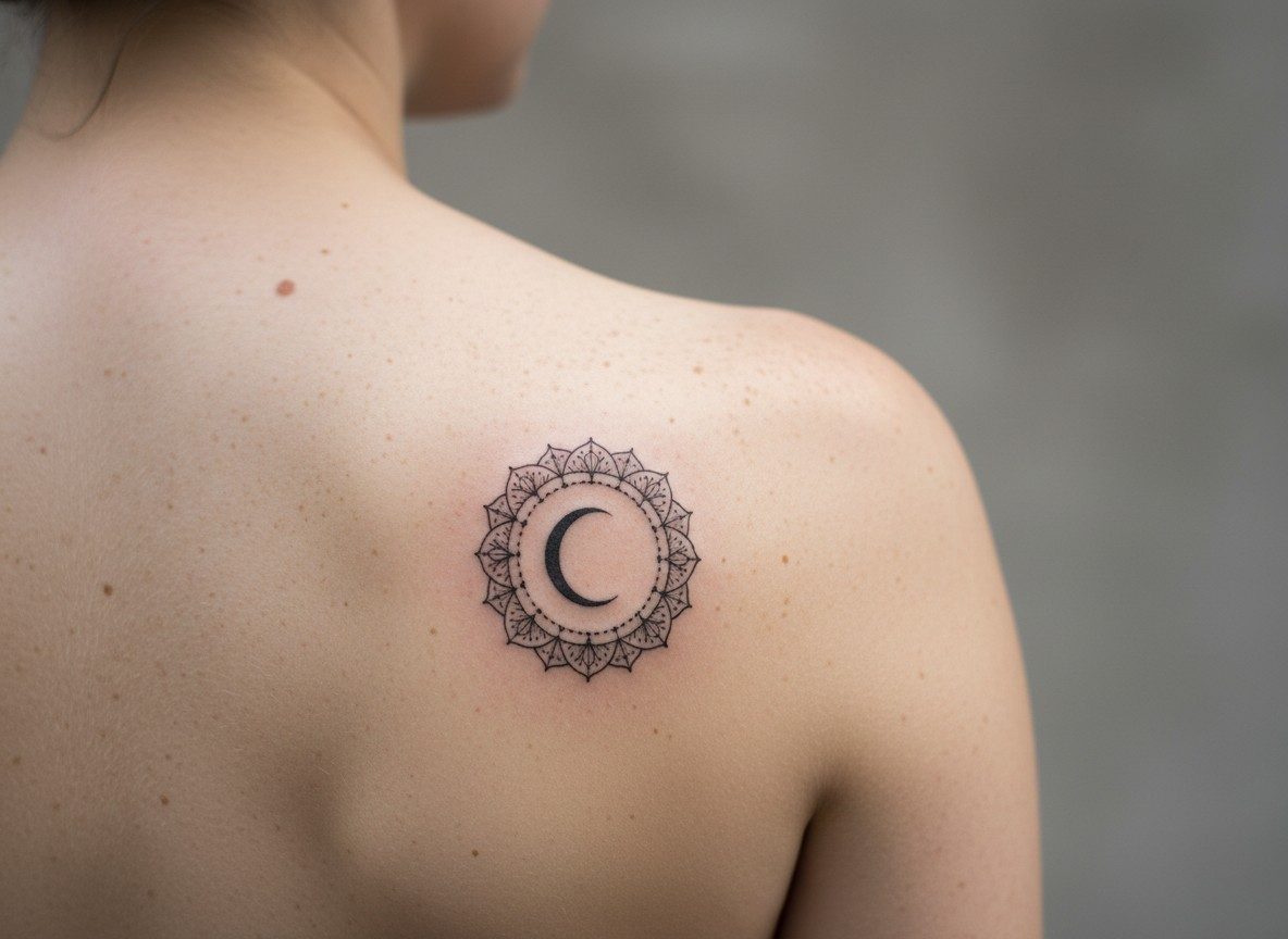 Mandala tattoo: mandala with a moon on the back of the shoulder