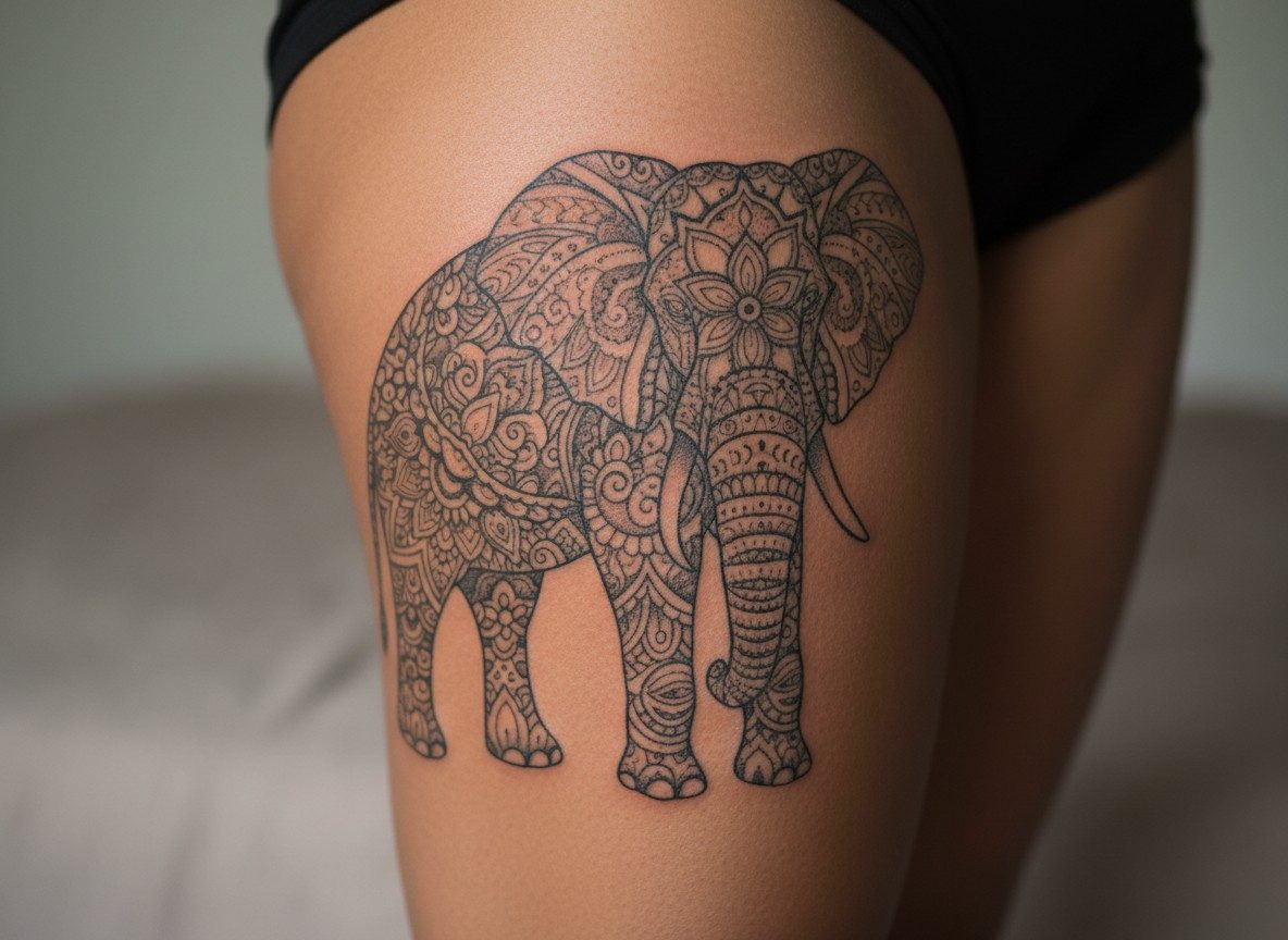 Mandala tattoo: mandala and elephant on the outer thigh