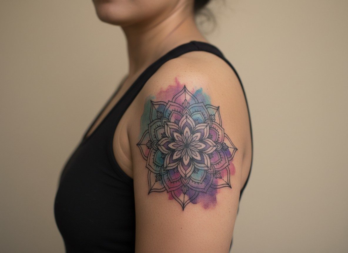 Mandala tattoo: watercolor mandala on the upper arm
