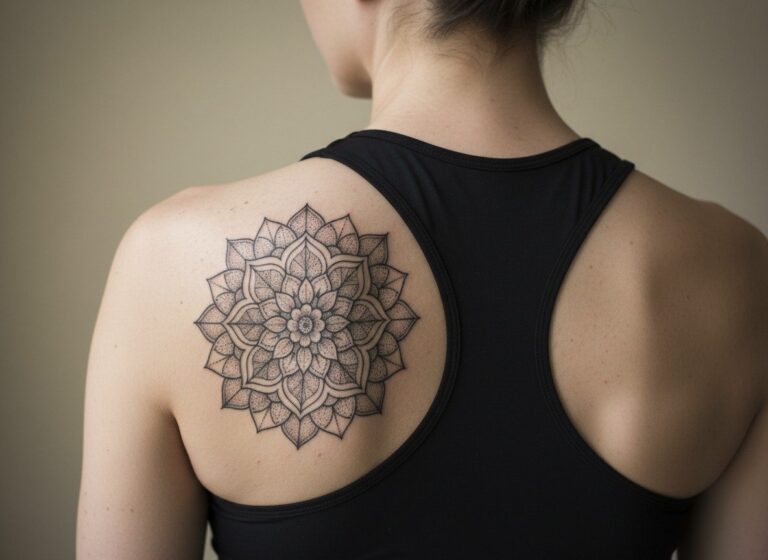 Mandala tattoo: dotwork mandala on the shoulder blade