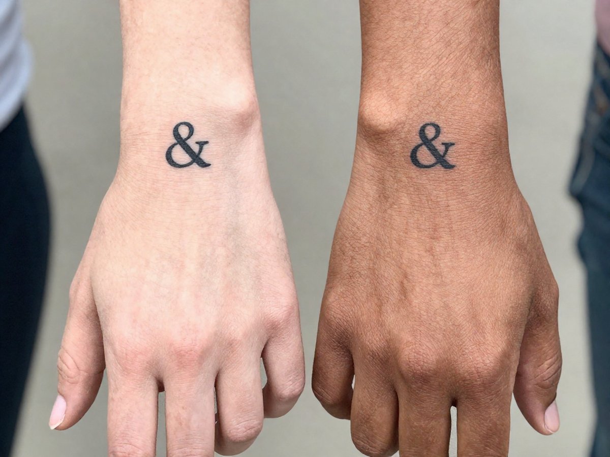 One small black ampersand symbol tattoo on the inner wrists of two friends